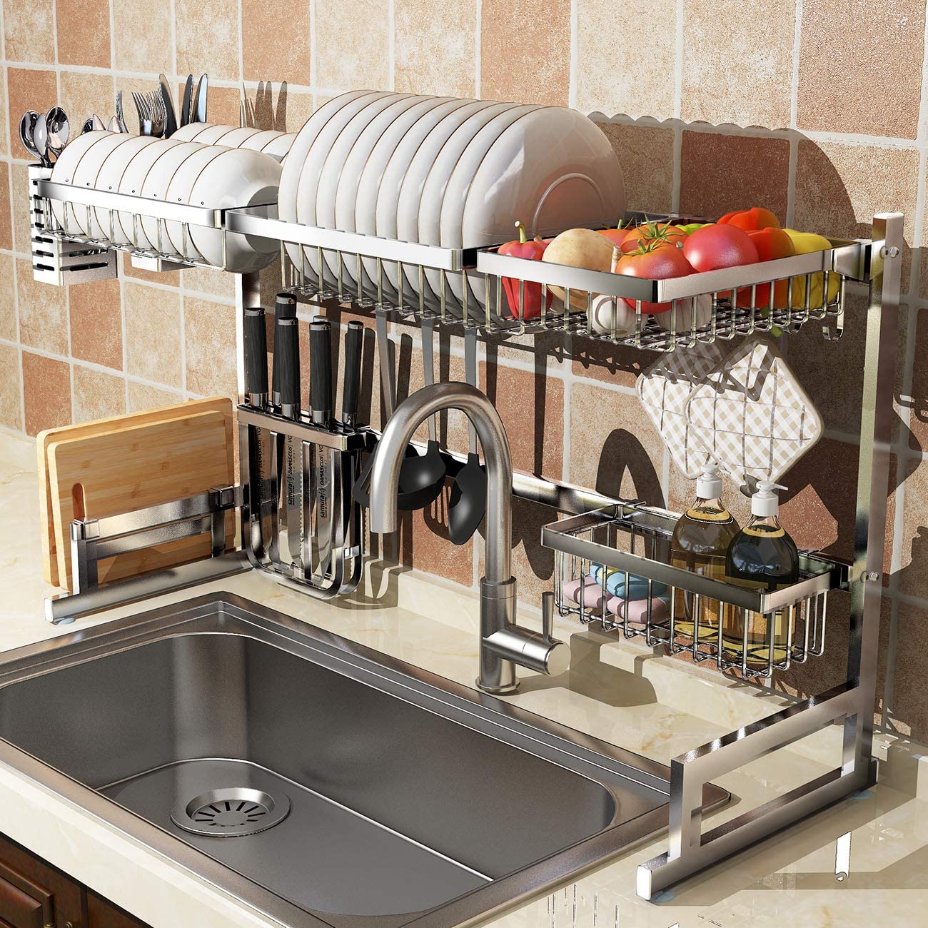 Over Sink Dish Drying Rack 2 Tier Stainless Steel Kitchen Shelf Cutlery 