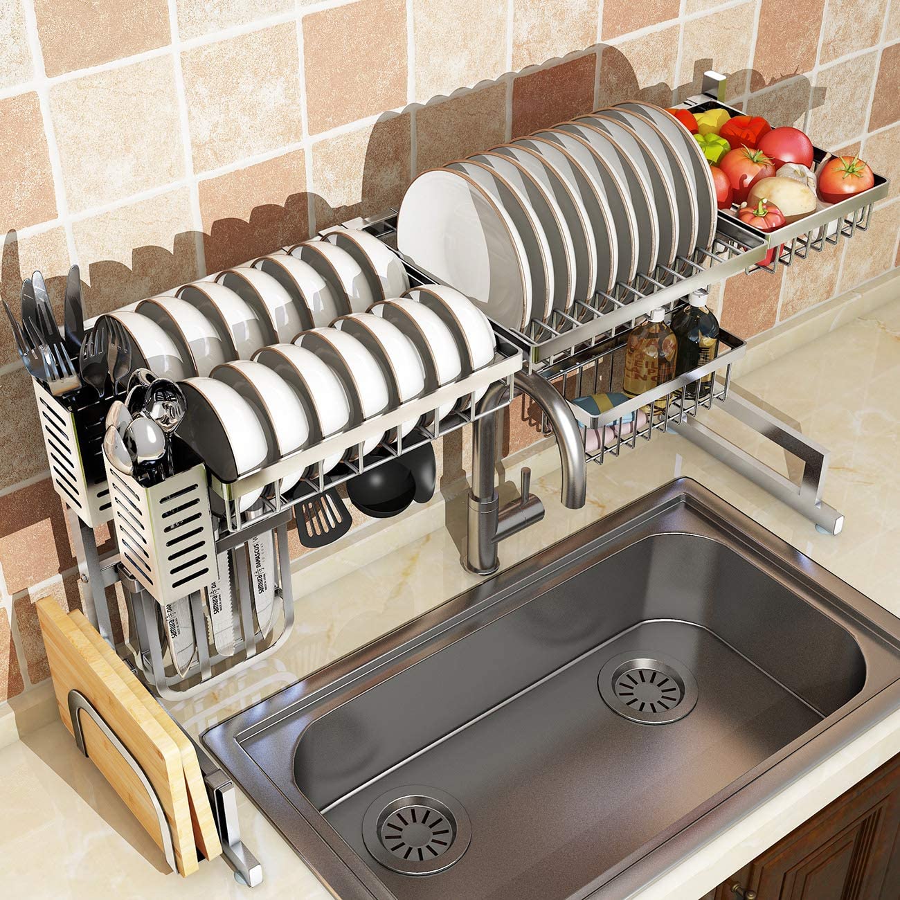 Over Sink Dish Drying Rack 2-Tier Stainless Steel Kitchen Shelf Cutlery Drainer - MyShopito